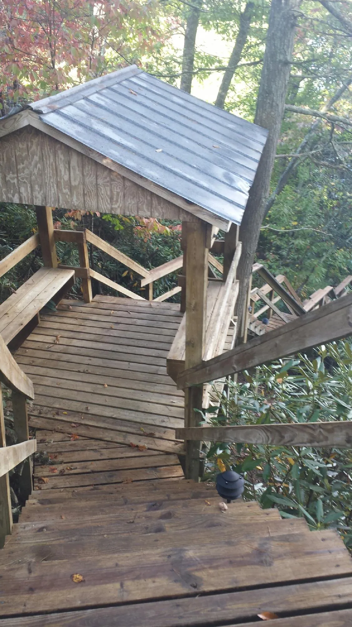 Metal roofed shelter over wooden steps on a wooded walkway — Skylight Repair & Installation work by our crew in Shipshewana